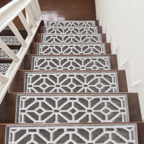 Ophelia  Gray/White  Authentic Turkish Premium Quality Stair Rugs - Medium Pile - Machine Washable Indoor Carpet Stair Treads-Multi Pack Sets With TPE Backing